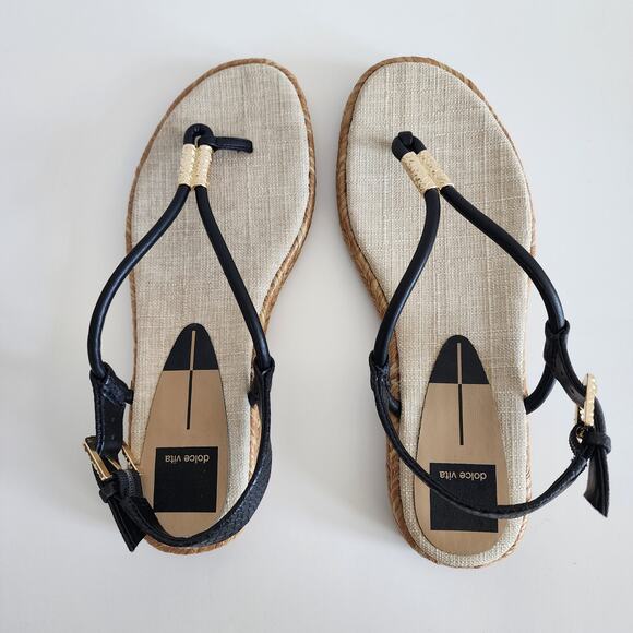 Dolce Vita Meryl Sandals Black & Tan w Gold Tone Hardware Raffia Detail Size 7.5 - Picture 3 of 6